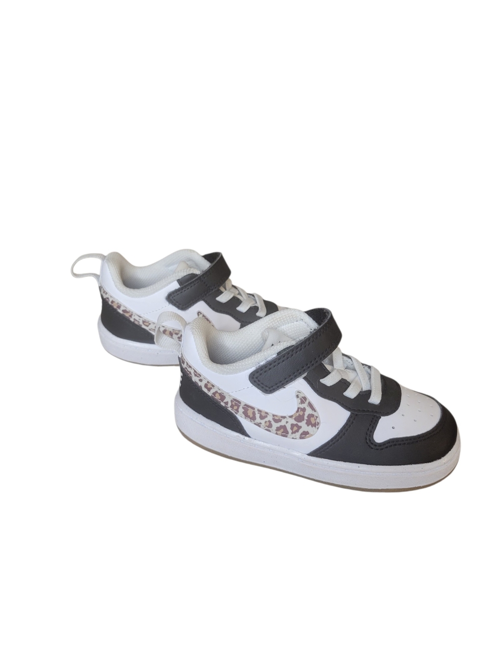 Kids NIKE White and Black Sneakers with Leopard Accent